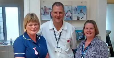 Sarah Stirrup (right hand side) with Carol Davidson (Urology Nurse Specialist) and Gary Wickens (Urology Assistant)